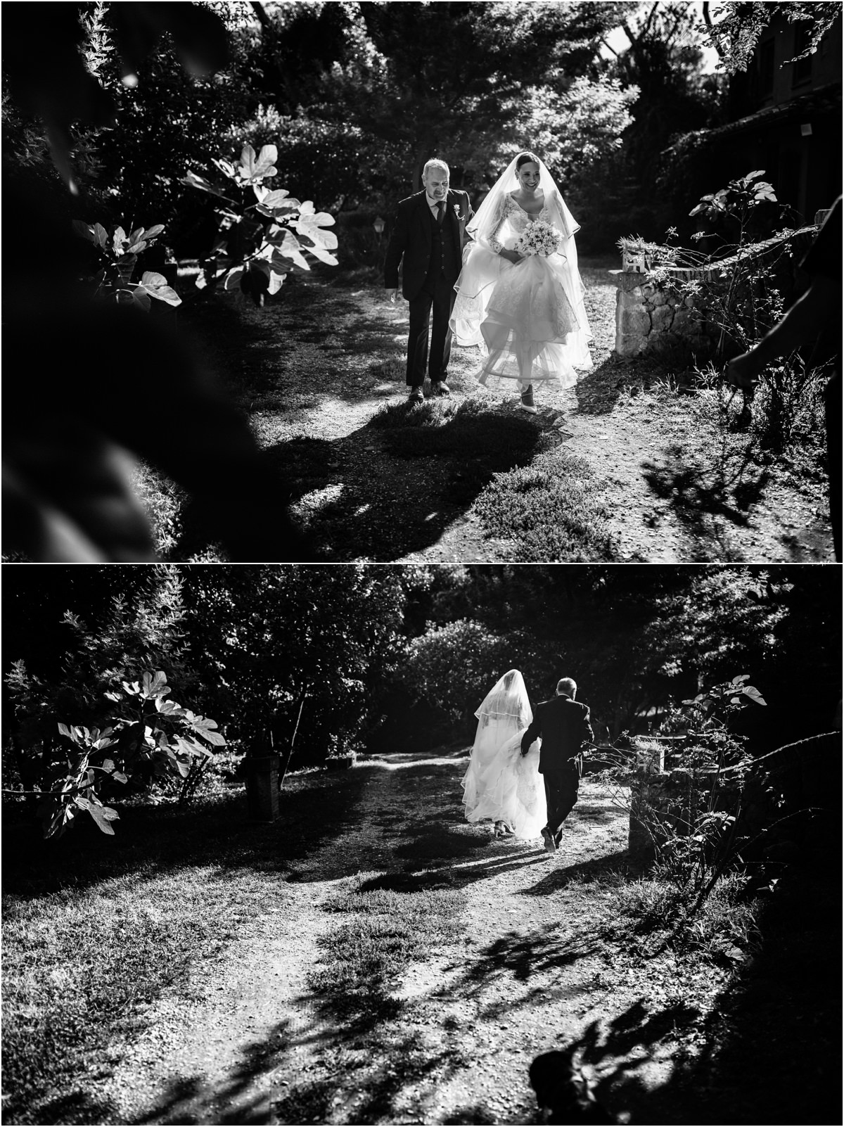 Sposa e papà nel parco Alice e il papà camminano nel parco di Villa Parco Iris, in bianco e nero