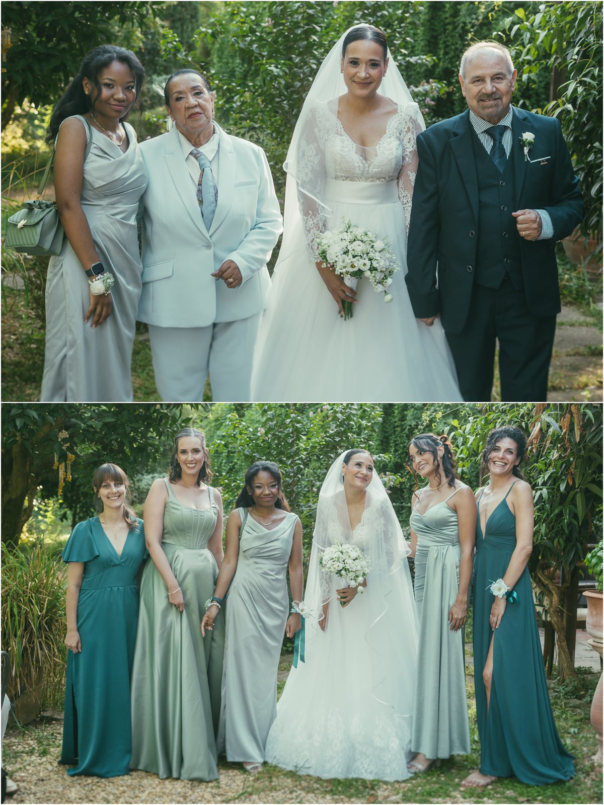 Sposa con genitori e amiche Alice con i genitori e con le amiche in abiti verdi prima della chiesa