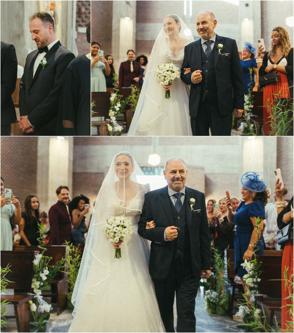 Ingresso della sposa con il papà Alice entra nella chiesa di San Policarpo al braccio del papà