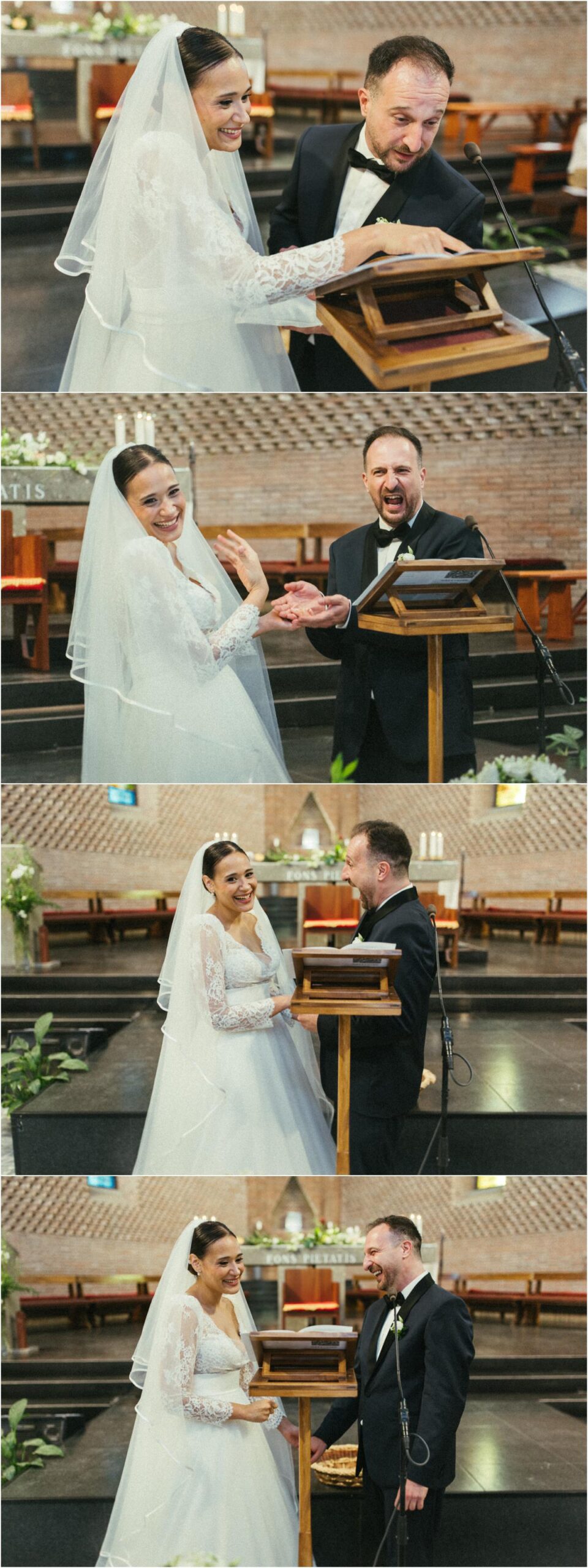 Sposi sorridenti all'altare Alice e Valerio ridono insieme all'altare durante la cerimonia