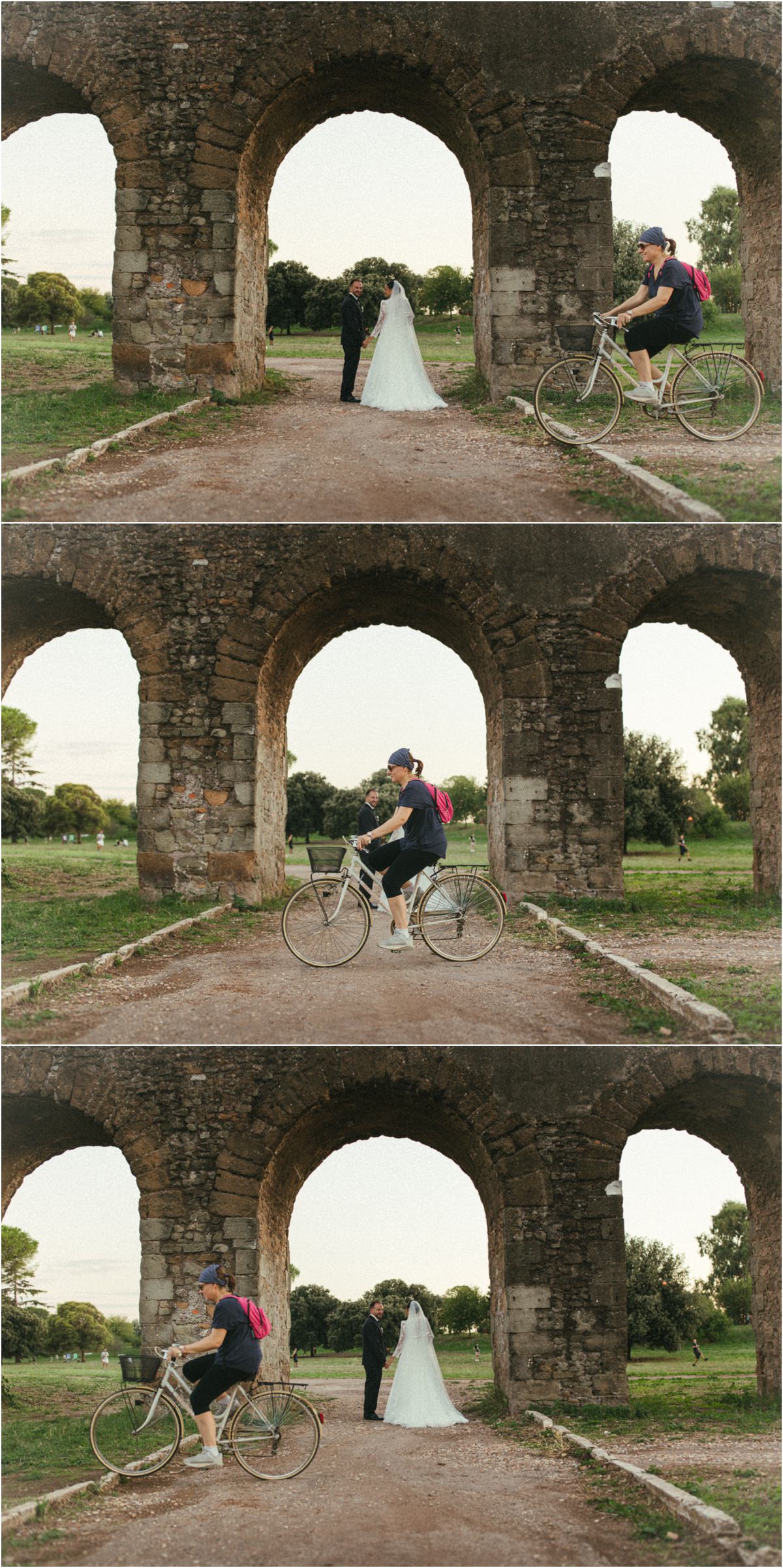 Sposa e ciclista sotto l'acquedotto Un ciclista passa sotto gli archi dell'acquedotto romano accanto alla sposa Alice