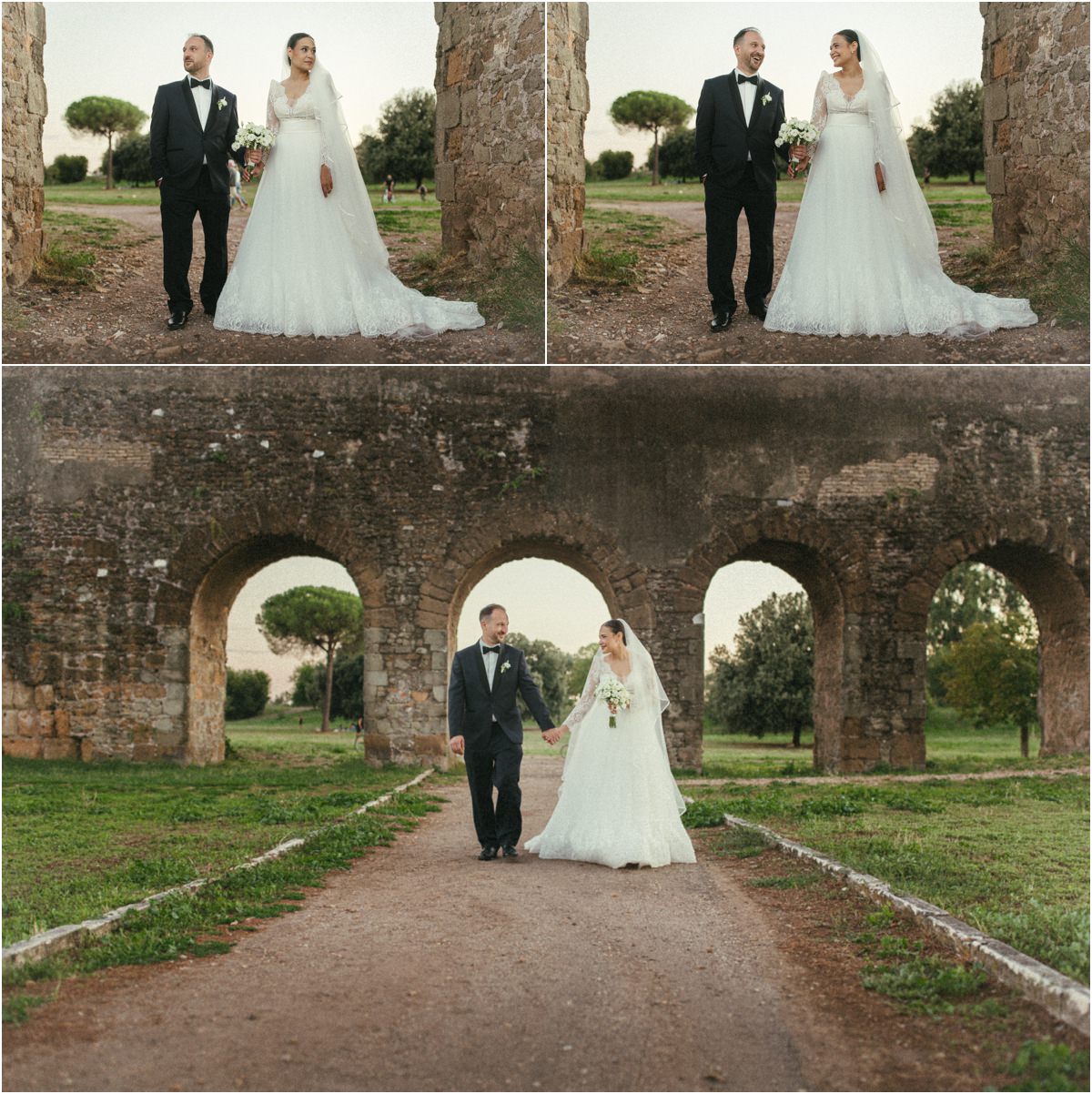 Passeggiata degli sposi tra gli archi Alice e Valerio camminano mano nella mano sotto gli archi dell'acquedotto