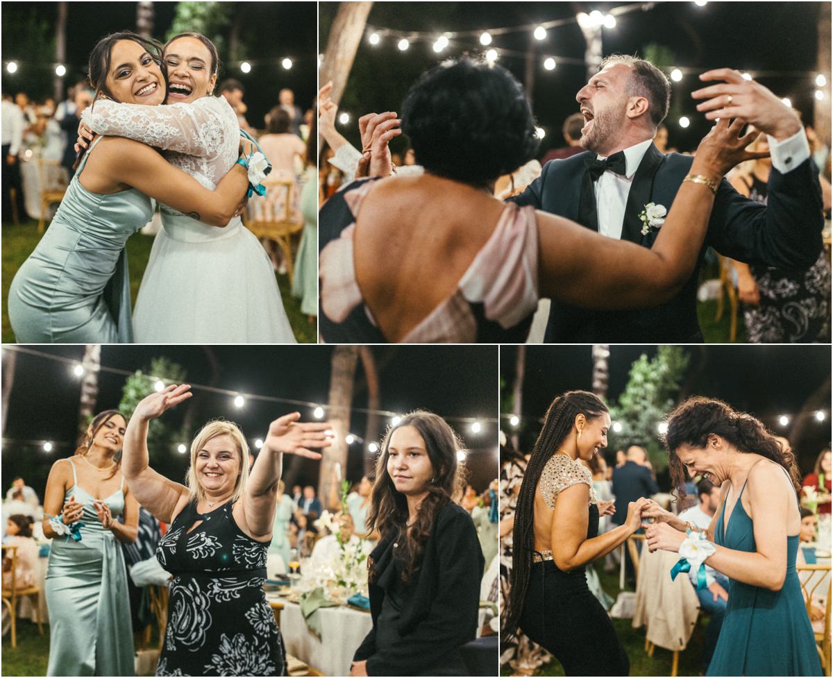 Balli e abbracci con gli invitati Abbracci e balli tra Alice, Valerio e gli invitati durante la cena