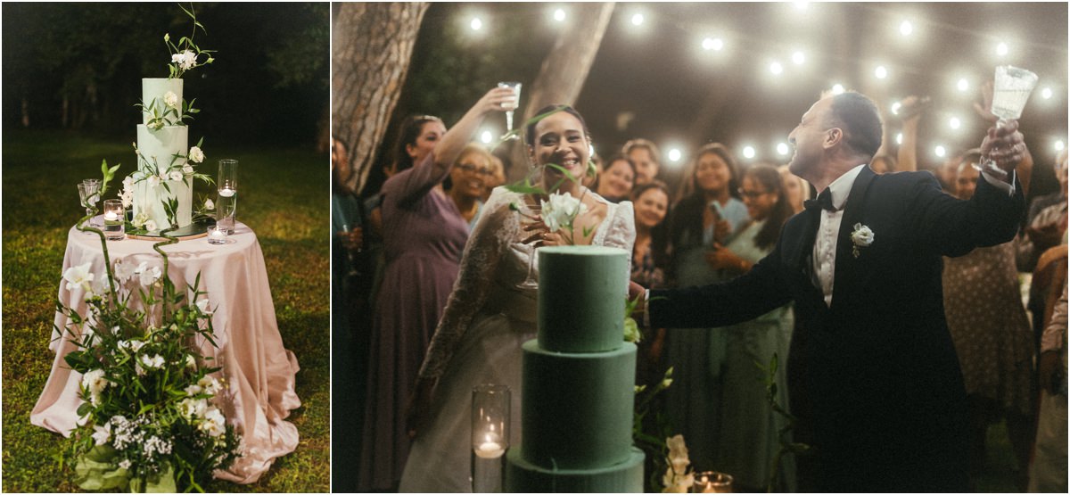 Torta nuziale Alice e Valerio La torta nuziale verde con i fiori e gli sposi pronti al taglio