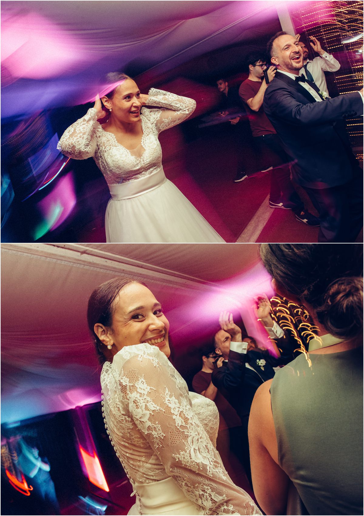 La sposa balla in pista Alice ride e balla sotto le luci colorate della pista